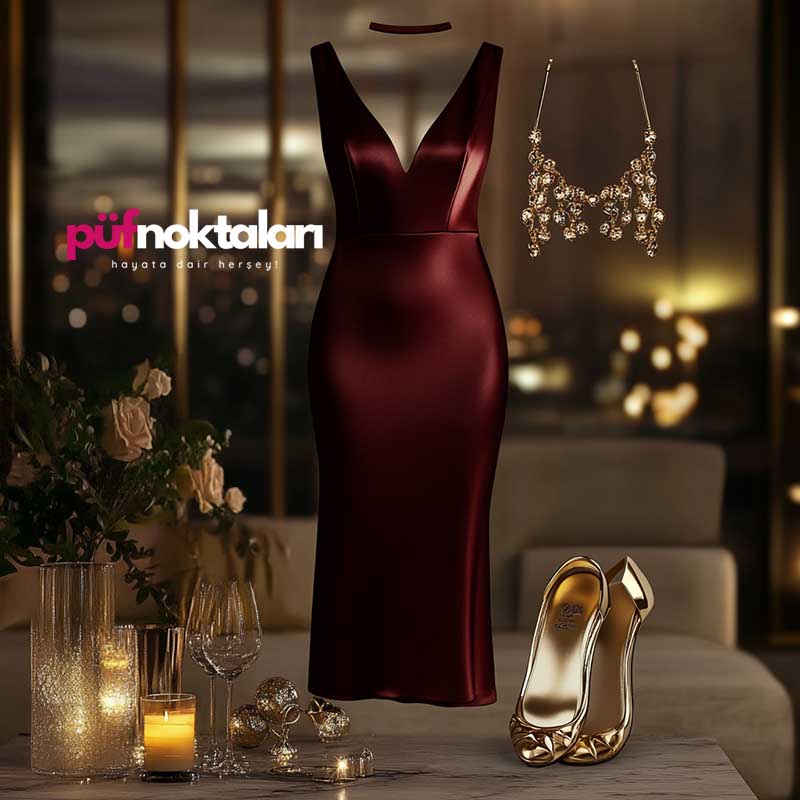 bordo gece elbisesi